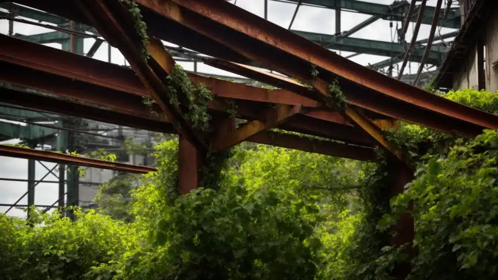 a dramatic close-up of rusted metal beams intertwined with vibrant green vines, symbolizing the resilience of the metal fabrication industry amidst economic challenges and supply chain disruptions, illuminated by soft, natural sunlight.