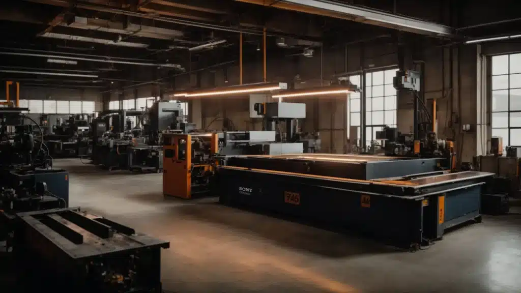 an intricate metal fabrication workshop in columbus, featuring advanced laser cutting machinery and precise cnc machining setups, bathed in soft industrial lighting that highlights the gleaming copper and steel components ready for diverse applications.